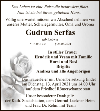Anzeige von Gudrun Serfas von Reutlinger General-Anzeiger