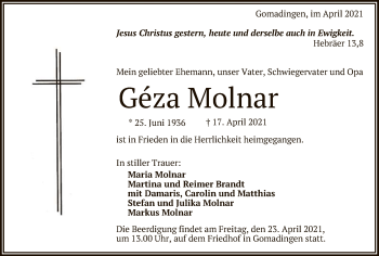 Anzeige von Géza Molnar von Reutlinger General-Anzeiger