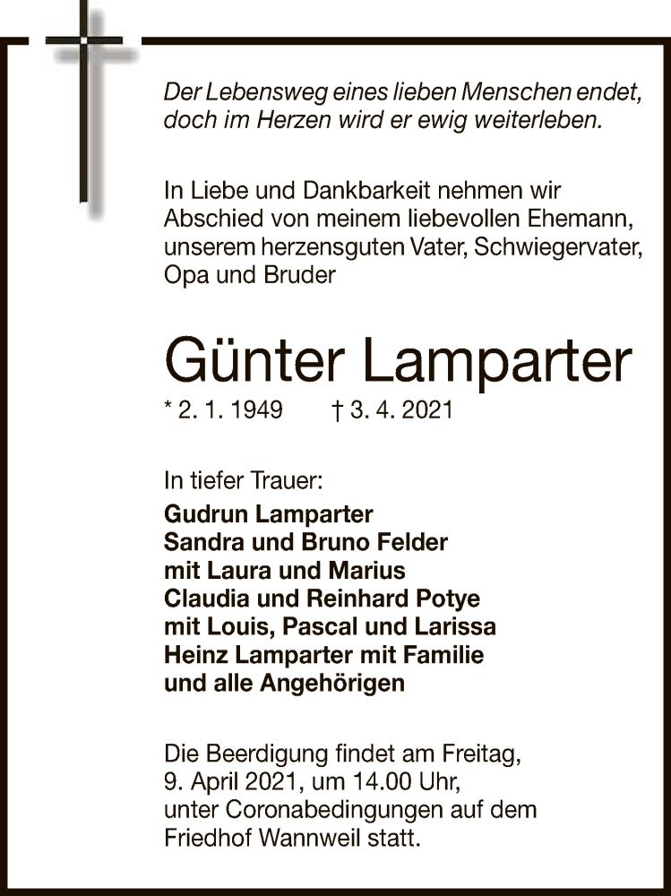  Traueranzeige für Günter Lamparter vom 07.04.2021 aus Reutlinger General-Anzeiger