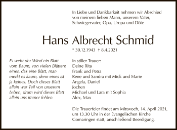 Anzeige von Hans Albrecht Schmid von Reutlinger General-Anzeiger