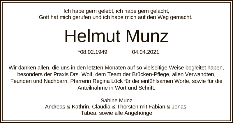  Traueranzeige für Helmut Munz vom 17.04.2021 aus Reutlinger General-Anzeiger