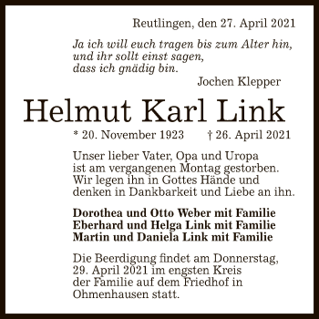 Anzeige von Helmut Karl Link von Reutlinger General-Anzeiger