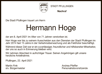 Anzeige von Hermann Hoge von Reutlinger General-Anzeiger