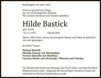 Anzeige von Hilde Bastick von Reutlinger General-Anzeiger