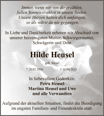 Anzeige von Hilde Heusel von Reutlinger General-Anzeiger