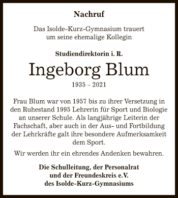 Anzeige von Ingeborg Blum von Reutlinger General-Anzeiger