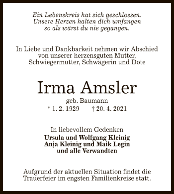 Anzeige von Irma Amsler von Reutlinger General-Anzeiger