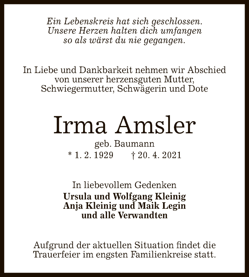  Traueranzeige für Irma Amsler vom 24.04.2021 aus Reutlinger General-Anzeiger
