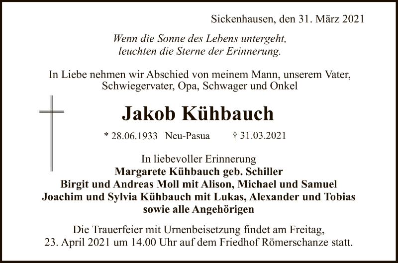  Traueranzeige für Jakob Kühbauch vom 10.04.2021 aus Reutlinger General-Anzeiger