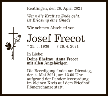 Anzeige von Josef Frecot von Reutlinger General-Anzeiger