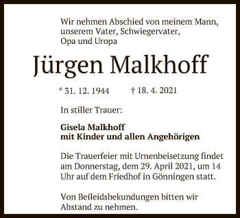 Anzeige von Jürgen Malkhoff von Reutlinger General-Anzeiger