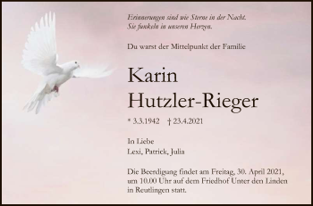 Anzeige von Karin Hutzler-Rieger von Reutlinger General-Anzeiger
