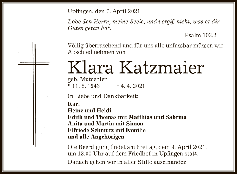  Traueranzeige für Klara Katzmaier vom 07.04.2021 aus Reutlinger General-Anzeiger