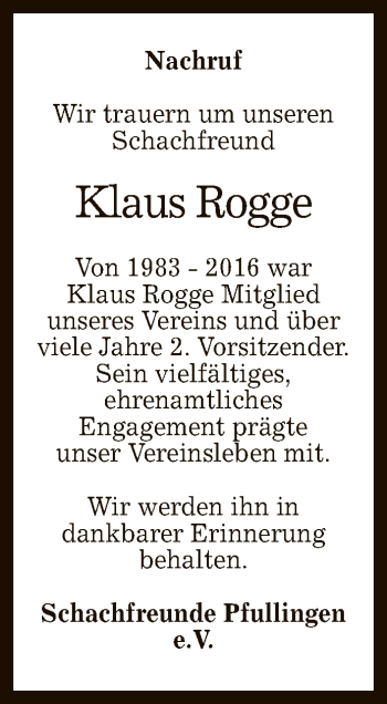Anzeige von Klaus Rogge von Reutlinger General-Anzeiger