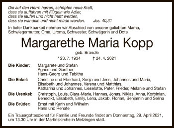 Anzeige von Margarethe Maria Kopp von Reutlinger General-Anzeiger