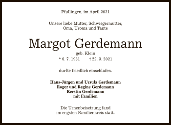 Anzeige von Margot Gerdemann von Reutlinger General-Anzeiger