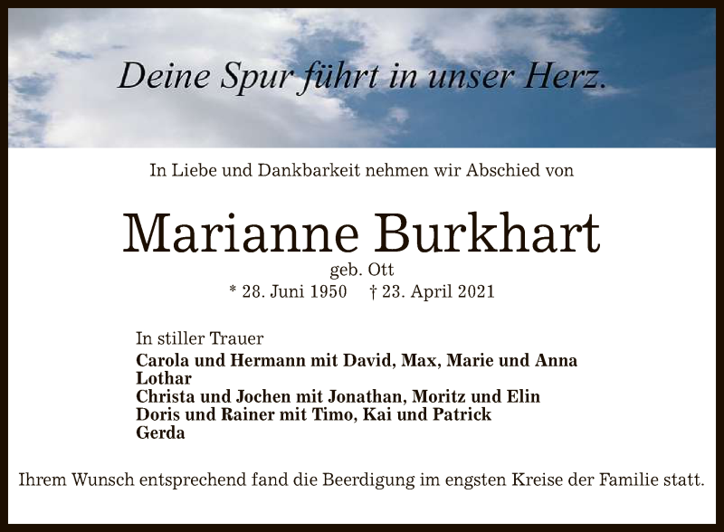  Traueranzeige für Marianne Burkhart vom 30.04.2021 aus Reutlinger General-Anzeiger