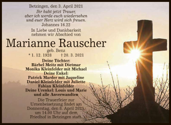 Anzeige von Marianne Rauscher von Reutlinger General-Anzeiger