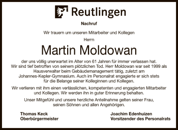 Anzeige von Martin Moldowan von Reutlinger General-Anzeiger