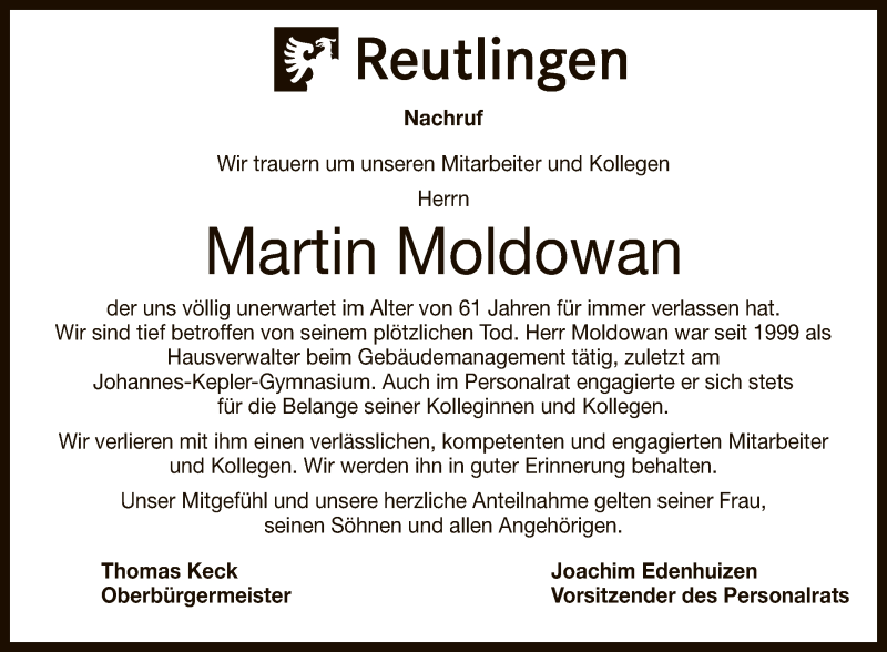  Traueranzeige für Martin Moldowan vom 30.04.2021 aus Reutlinger General-Anzeiger