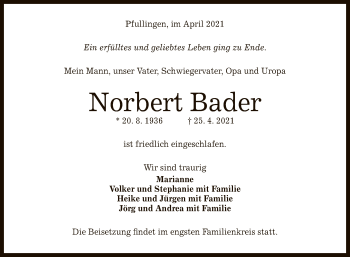 Anzeige von Norbert Bader von Reutlinger General-Anzeiger
