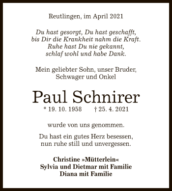 Anzeige von Paul Schnirer von Reutlinger General-Anzeiger