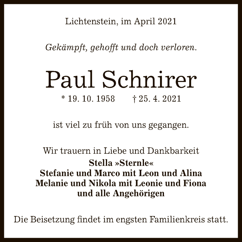  Traueranzeige für Paul Schnirer vom 28.04.2021 aus Reutlinger General-Anzeiger