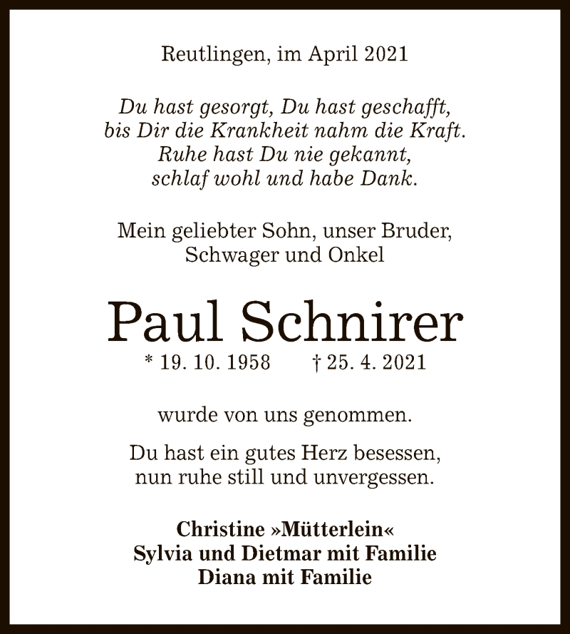  Traueranzeige für Paul Schnirer vom 28.04.2021 aus Reutlinger General-Anzeiger