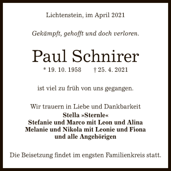 Anzeige von Paul Schnirer von Reutlinger General-Anzeiger
