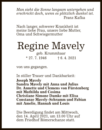 Anzeige von Regine Mavely von Reutlinger General-Anzeiger