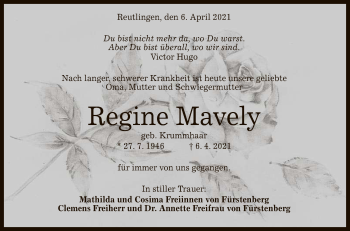 Anzeige von Regine Mavely von Reutlinger General-Anzeiger