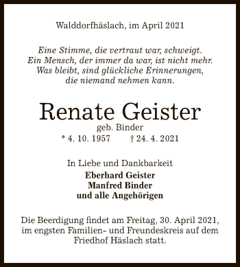 Anzeige von Renate Geister von Reutlinger General-Anzeiger