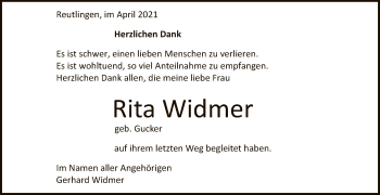 Anzeige von Rita Widmer von Reutlinger General-Anzeiger