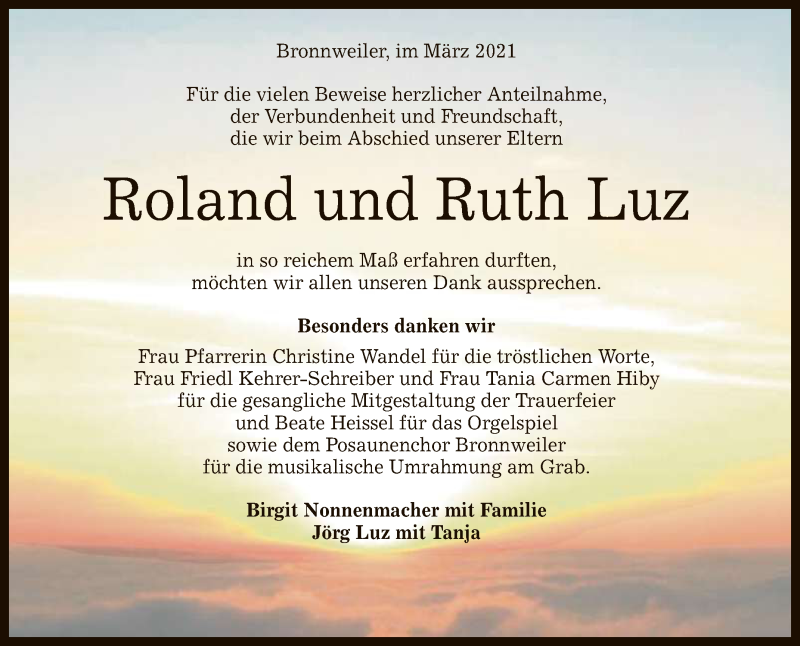  Traueranzeige für Roland und Ruth Luz vom 03.04.2021 aus Reutlinger General-Anzeiger
