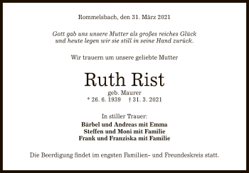 Anzeige von Ruth Rist von Reutlinger General-Anzeiger