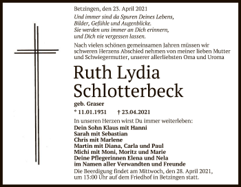 Anzeige von Ruth Lydia Schlotterbeck von Reutlinger General-Anzeiger