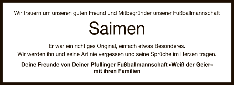  Traueranzeige für Saimen  vom 17.04.2021 aus Reutlinger General-Anzeiger