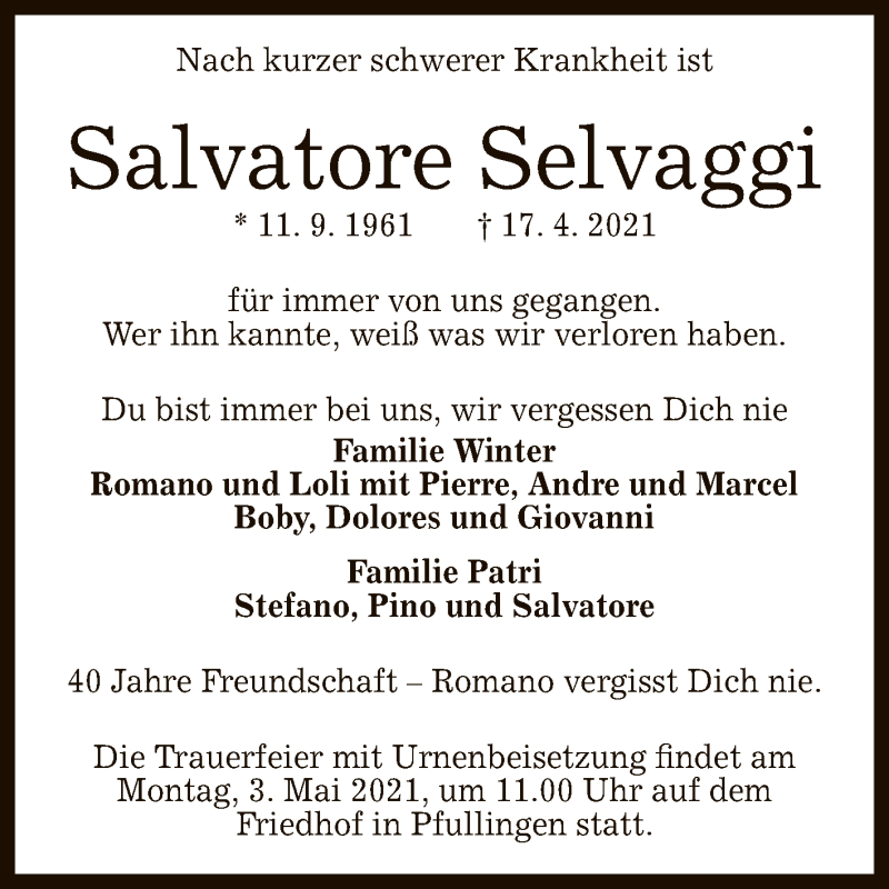  Traueranzeige für Salvatore Selvaggi vom 30.04.2021 aus Reutlinger General-Anzeiger