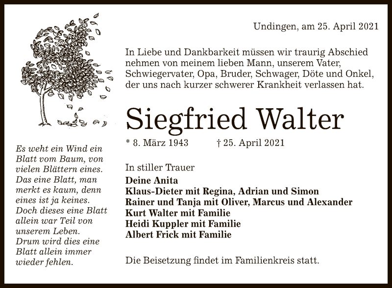  Traueranzeige für Siegfried Walter vom 30.04.2021 aus Reutlinger General-Anzeiger