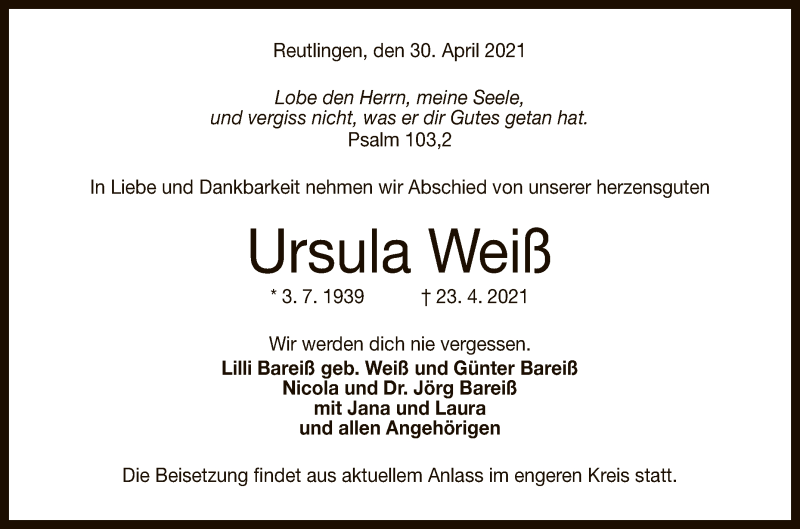  Traueranzeige für Ursula Weiß vom 30.04.2021 aus Reutlinger General-Anzeiger