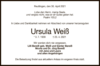 Anzeige von Ursula Weiß von Reutlinger General-Anzeiger
