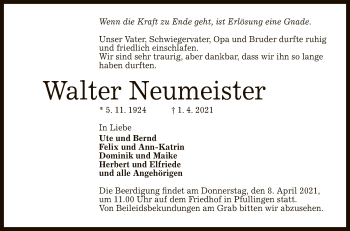 Anzeige von Walter Neumeister von Reutlinger General-Anzeiger