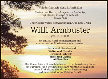 Anzeige von Willi Armbuster von Reutlinger General-Anzeiger