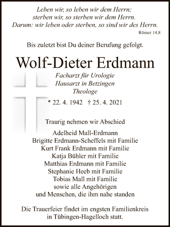 Anzeige von Wolf-Dieter Erdmann von Reutlinger General-Anzeiger