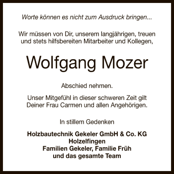 Anzeige von Wolfgang Mozer von Reutlinger General-Anzeiger