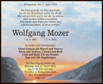 Anzeige von Wolfgang Mozer von Reutlinger General-Anzeiger