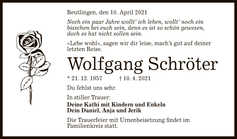  Traueranzeige für Wolfgang Schröter vom 16.04.2021 aus Reutlinger General-Anzeiger
