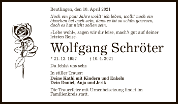 Anzeige von Wolfgang Schröter von Reutlinger General-Anzeiger