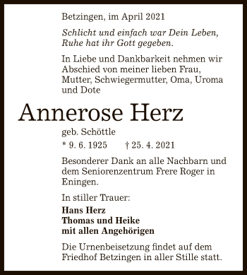 Anzeige von Annerose Herz von Reutlinger General-Anzeiger