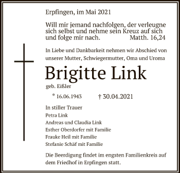 Anzeige von Brigitte Link von Reutlinger General-Anzeiger